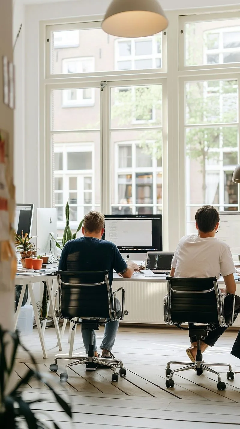 Zwei Personen arbeiten an Bildschirmen in einem hellen Büro